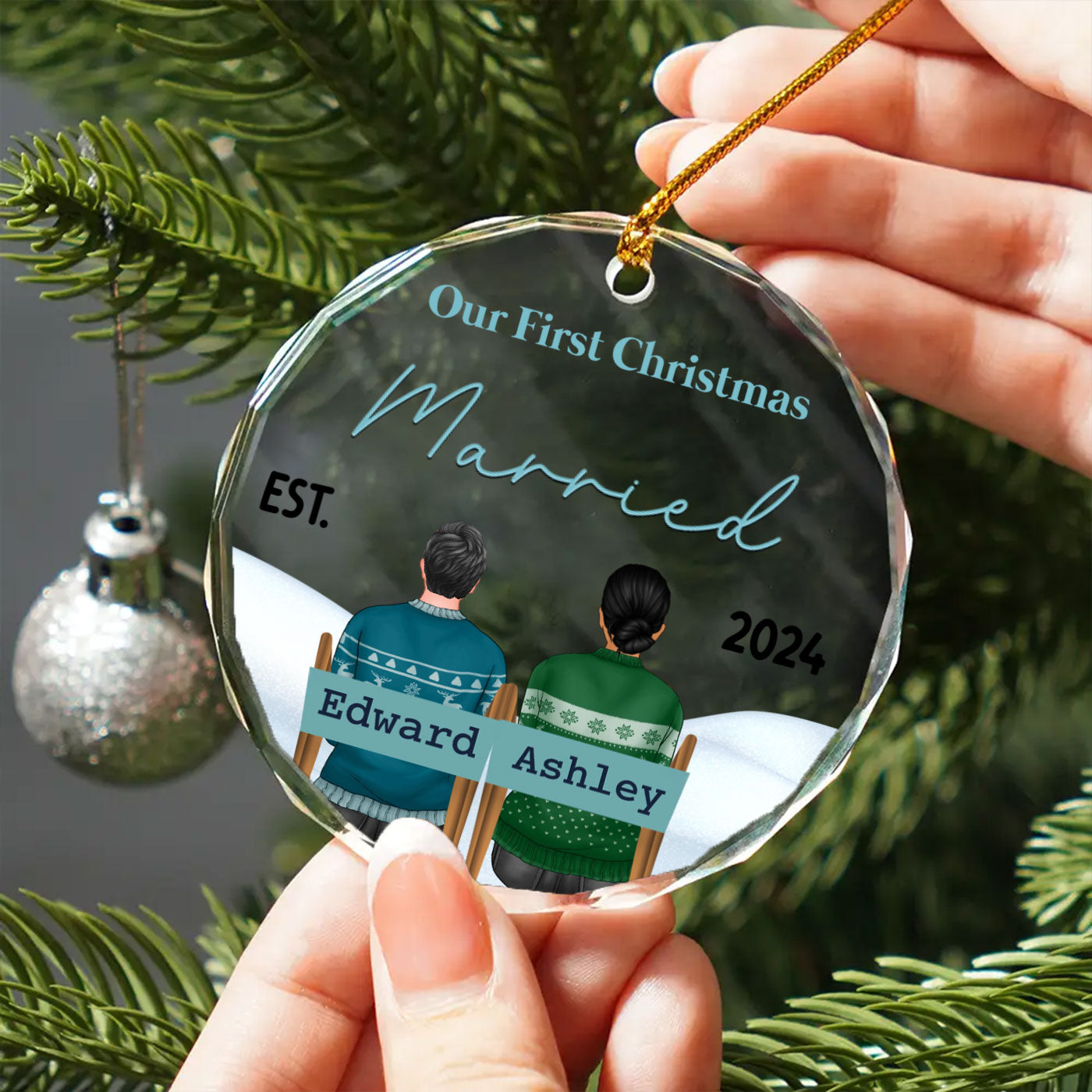 Personalized First Christmas Crystal Glass Ornaments | "Engaged, Married, and Mr. & Mrs." 2024 Keepsake